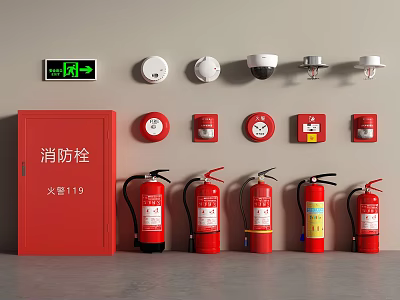 Essential Fire Safety Equipment With Hydrant Cabinet Fire Extinguishers Exit Sign Smoke Detectors Alarm Buttons 3d model