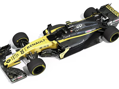 Sleek Renault F1 Race Car With Yellow And Black Aerodynamic Bodywork And Wheels 3d model