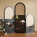 Black Room Dividers With Woven Panels Arched Tops Perforated Design And Decorative Shelves