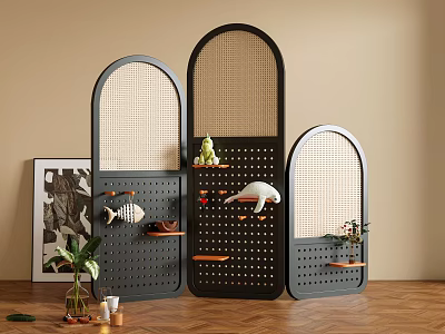 Black Room Dividers With Woven Panels Arched Tops Perforated Design And Decorative Shelves 3d model