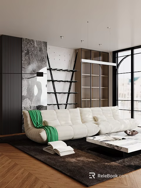 Contemporary Cozy Living Room With Soft Beige Sectional Sofa And Large Floor Window Interior Design 3d model 