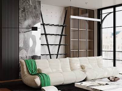 Contemporary Cozy Living Room With Soft Beige Sectional Sofa And Large Floor Window Interior Design 3d model