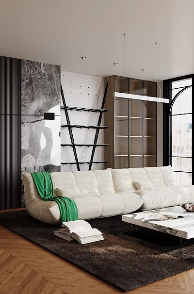 Contemporary Cozy Living Room With Soft Beige Sectional Sofa And Large Floor Window Interior Design 3d model
