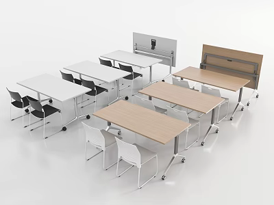 Modern Office Desk and Chair Set With White Wooden Tables And Rolling Chairs 3d model