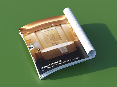 Opened Magazine Showcasing Elegant Interior Design With Golden Decor And Wooden Elements 3d model