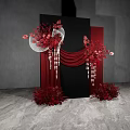Elegant Floral Decor With Red Flowers Black Backdrop Red Drapery White Fans And Beaded Tassels