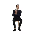 The Man In Dark Suit Sitting On Wooden Stool Clapping Hands Against Light Purple Background