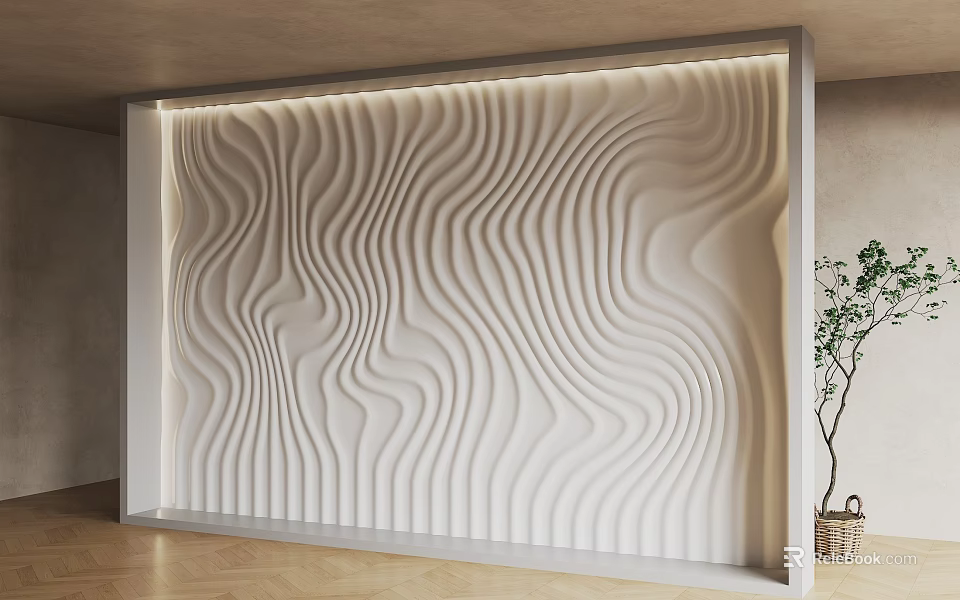 Modern White Wavy Texture Feature Wall With LED Lighting And Indoor Plants 3d model