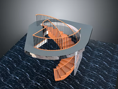 Modern Spiral Staircase With Wooden Steps And Black Railings On Dark Floor 3d model