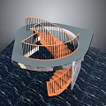 Modern Spiral Staircase With Wooden Steps And Black Railings On Dark Floor