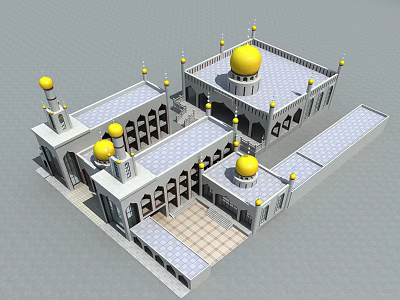 Islamic Religious Architecture With Yellow Domes Arched Windows And Traditional Design 3d model