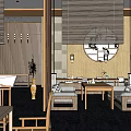Modern Chinese Restaurant Interior With Wooden Screens Hanging Lanterns Sofa Seats And Potted Plants
