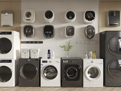 Variety of Modern Washing Machines Including Wall Mounted and Standalone Models in Home Laundry 3d model