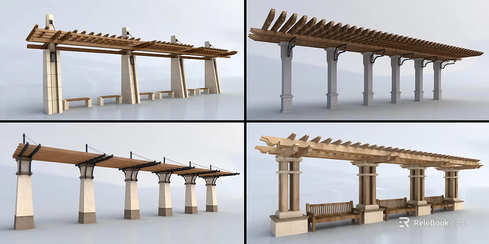 Wooden Pergola With Stone Columns And Attached Benches For Outdoor Spaces 3d model 