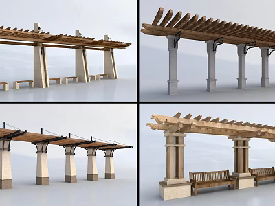 Wooden Pergola With Stone Columns And Attached Benches For Outdoor Spaces 3d model