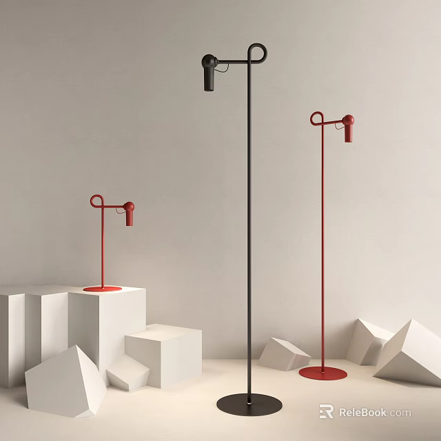 Black And Red Floor Lamps With Modern Design On White Geometric Display Pedestals 3d model 