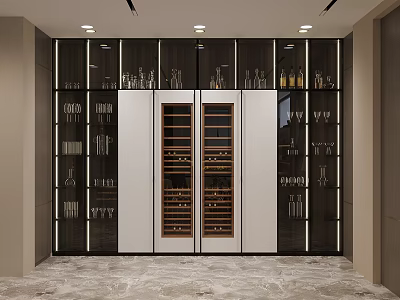 Modern Wine Cabinet Interior Design With Glass Doors LED Lighting Wine Bottles And Glasses 3d model