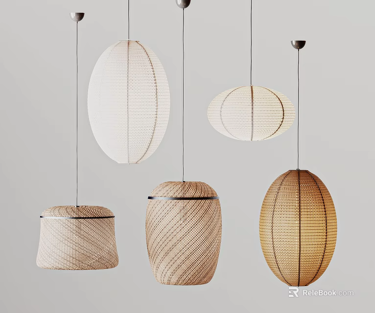 Modern Woven and Paper Pendant Lights in Oval and Cylindrical Shapes on Neutral Background 3d model 