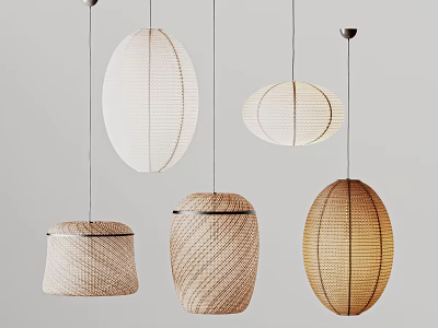Modern Woven and Paper Pendant Lights in Oval and Cylindrical Shapes on Neutral Background 3d model