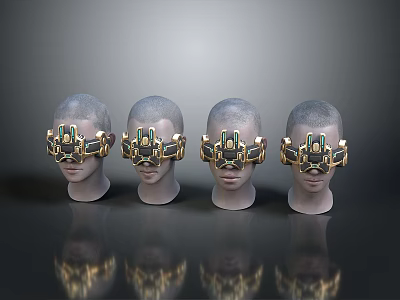 Four Human Head Models Wearing Gold And Green Mechanical Headgear On Reflective Surface 3d model