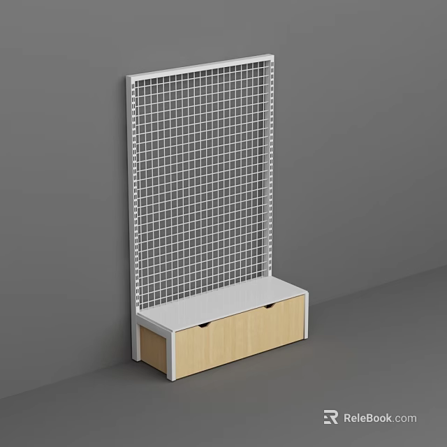 White Frame Metal Grid Shelf with Wooden Drawers and Wall Mounted Design 3d model 