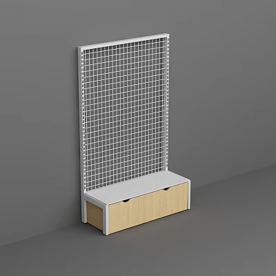 White Frame Metal Grid Shelf with Wooden Drawers and Wall Mounted Design 3d model