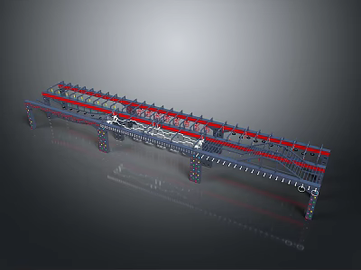 Scenic Bridge Structure With Red Blue Frames And Support Components Reflection View 3d model