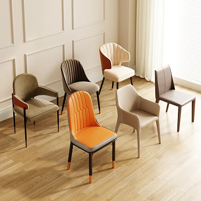 Stylish Dining Chairs In Various Colors And Designs On Wooden Floor With Light Walls 3d model