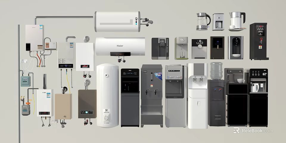 Collection of Essential Home Electrical Appliances Including Water Heaters Dispensers and Coffee Makers 3d model 