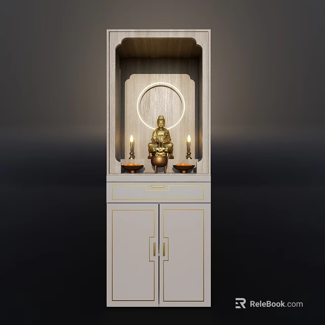 Traditional Buddhist Shrine Setup With Golden Buddha Statue And Candles On White Cabinet 3d model 