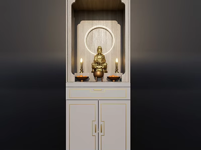 Traditional Buddhist Shrine Setup With Golden Buddha Statue And Candles On White Cabinet 3d model