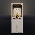 Traditional Buddhist Shrine Setup With Golden Buddha Statue And Candles On White Cabinet