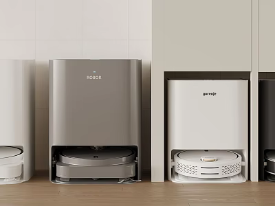 Modern ROIDMI Cleaning Device Bases In White Grey And Black On Wooden Floor With Cabinets 3d model