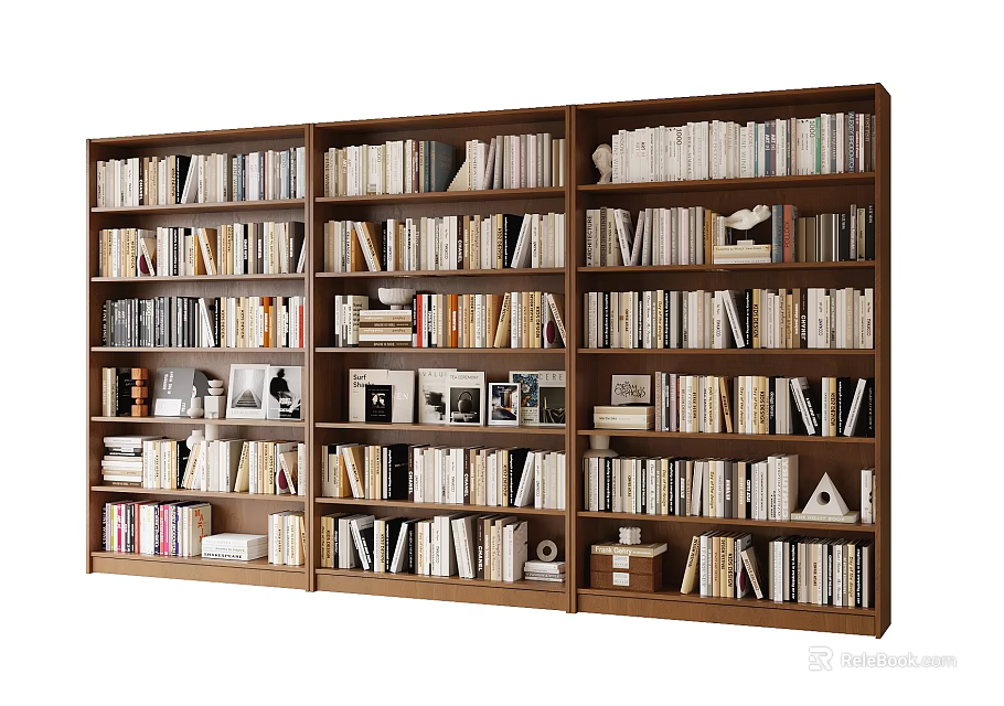 Large Wooden Bookshelf With Multiple Shelves Filled With Books And Decorative Items 3d model 