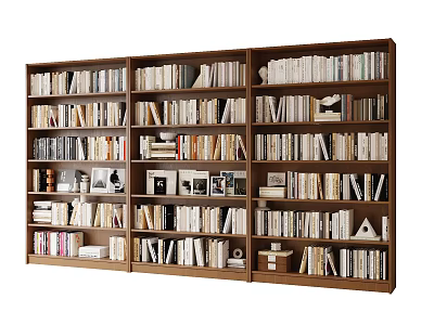 Large Wooden Bookshelf With Multiple Shelves Filled With Books And Decorative Items 3d model