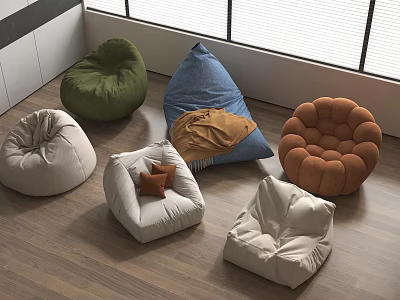 Various Colors Different Shapes Bean Bag Chairs on Indoor Wooden Floor Living Space 3d model