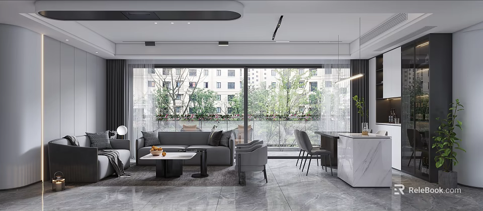 Modern Dining and Living Room Interior With Gray Sofa Coffee Table Dining Chairs Large Windows 3d model