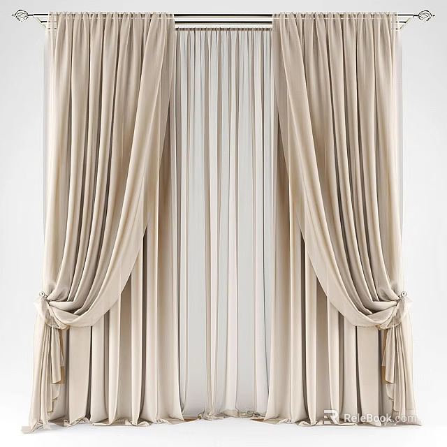 Elegant Beige Curtains With Double Layer Sheer Inner And Tiebacks Design 3d model 