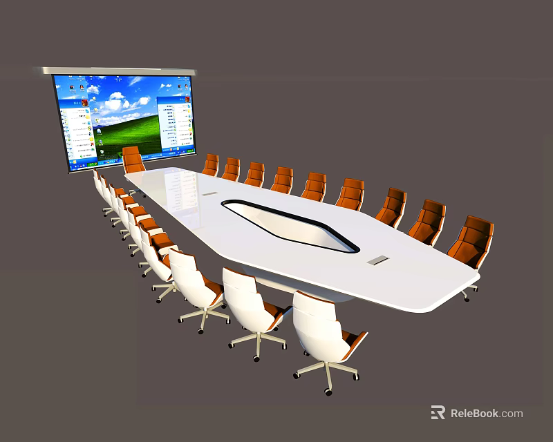 Modern Oval Conference Table With Brown Chairs And Projector Screen 3d model