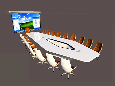 Modern Oval Conference Table With Brown Chairs And Projector Screen 3d model
