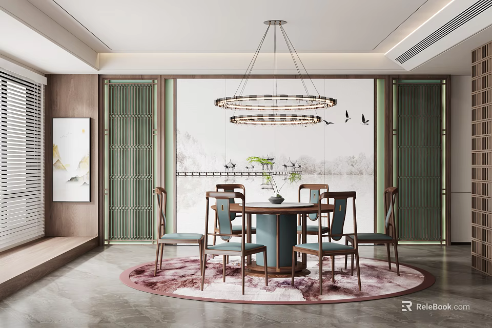 Chinese Style Dining Room Interior With Round Table Chandelier Screen And Patterned Rug 3d model 