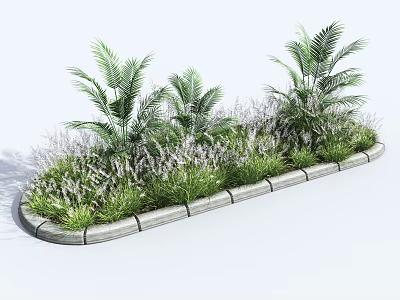 Garden Flower Bed With Palm Plants Lavender Flowers Green Grass And Concrete Edging 3d model