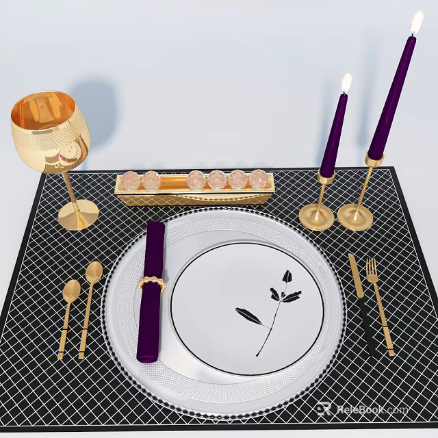 Elegant Dinnerware Set With White Patterned Plate Golden Cutlery Purple Napkin And Candles 3d model 