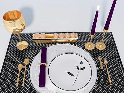 Elegant Dinnerware Set With White Patterned Plate Golden Cutlery Purple Napkin And Candles 3d model