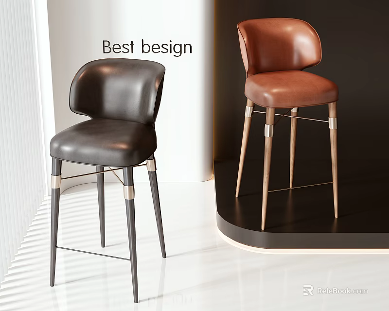 Modern Black And Brown Leather Bar Stools With Metal Legs Design 3d model 