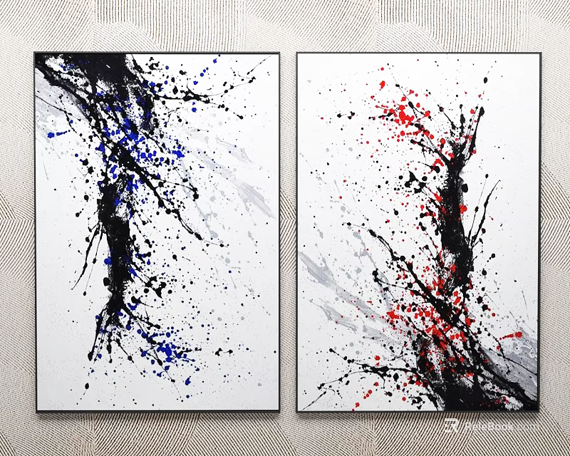 Two Abstract Paintings With Black Red Blue Splatters On White Background 3d model