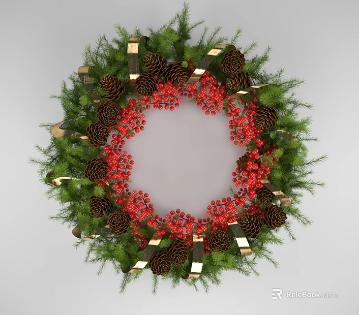 Festive Green Foliage Wall Decor Featuring Red Berries Pine Cones And Golden Ribbons 3d model 
