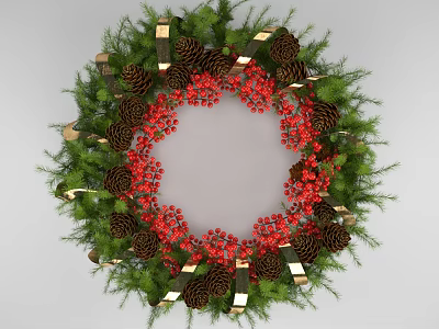 Festive Green Foliage Wall Decor Featuring Red Berries Pine Cones And Golden Ribbons 3d model