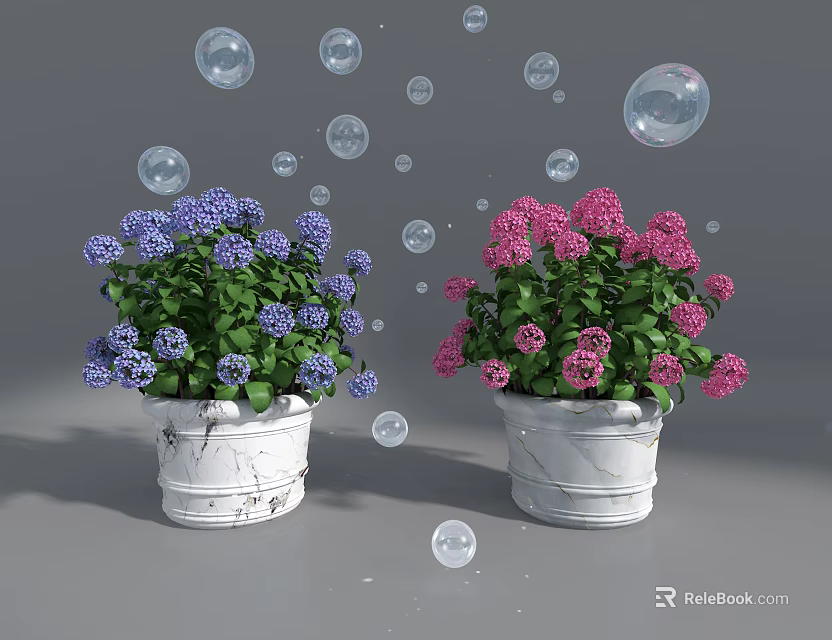 Decorative White Vases With Purple Pink Flowers And Floating Bubbles 3d model 
