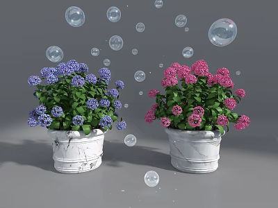 Decorative White Vases With Purple Pink Flowers And Floating Bubbles 3d model